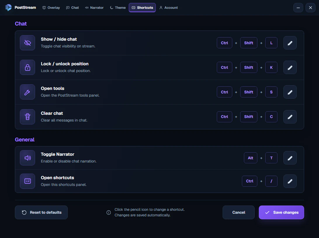 Current PostStream shortcut settings in the Windows app